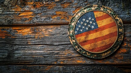 Fototapeta premium Faded US flag patch on rustic wood background.