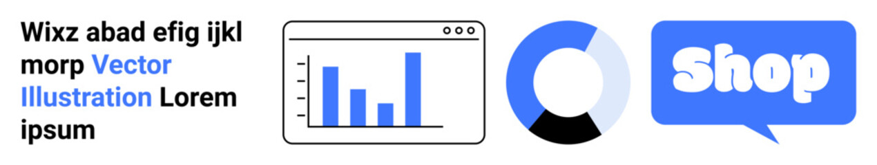 Data graph, segmented circle chart, and shop icon in various blue and grey colors. Ideal for e-commerce, data analytics, business presentations, marketing strategies, and financial reports. Banner