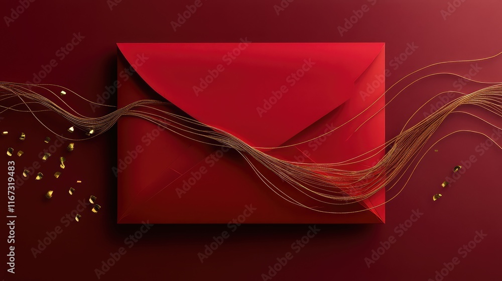 Poster abstract artistic red envelope with layered shapes and intricate golden lines, creating a festive ma