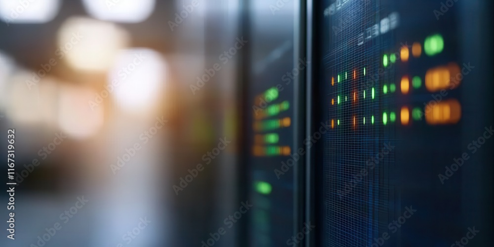 Poster a close-up view of illuminated server panels showcasing digital data, reflecting technology's intric