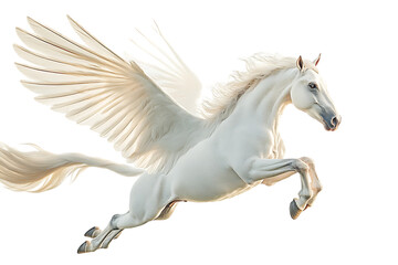 Obraz premium A majestic white winged horse soaring through the air, symbolizing freedom.