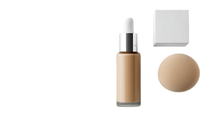 A makeup foundation bottle, compact, and sponge for beauty application.