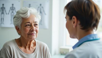 Obraz premium Caring interaction between a healthcare professional and an older woman in a bright clinic during a routine consultation