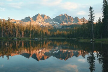 Fototapeta premium Majestic mountain range reflecting in a crystal-clear lake, a serene natural landscape of the Canadian national park system. The beautiful blue sky, golden hour lighting, and pine trees