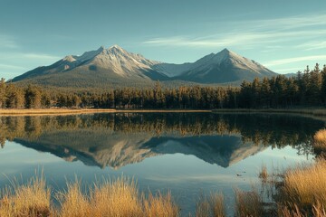 Fototapeta premium Majestic mountain range reflecting in a crystal-clear lake, a serene natural landscape of the Canadian national park system. The beautiful blue sky, golden hour lighting, and pine trees