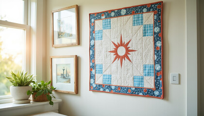 Beautiful handcrafted quilt showcasing vibrant colors and intricate patterns in a cozy modern living space with natural light