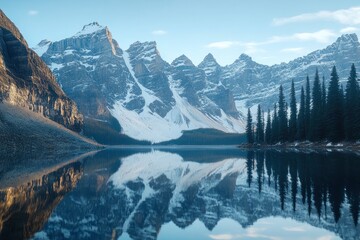 Obraz premium Majestic mountain range with a serene lake and pine trees at sunrise in the Canadian Rocky Mountains, reflection of a ghostly forest in crystal-clear water, blue sky