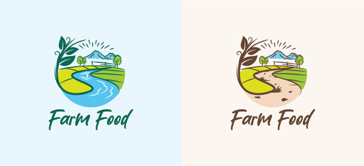 Hand drawn mountain and river or road among green agricultural fields logo vector design