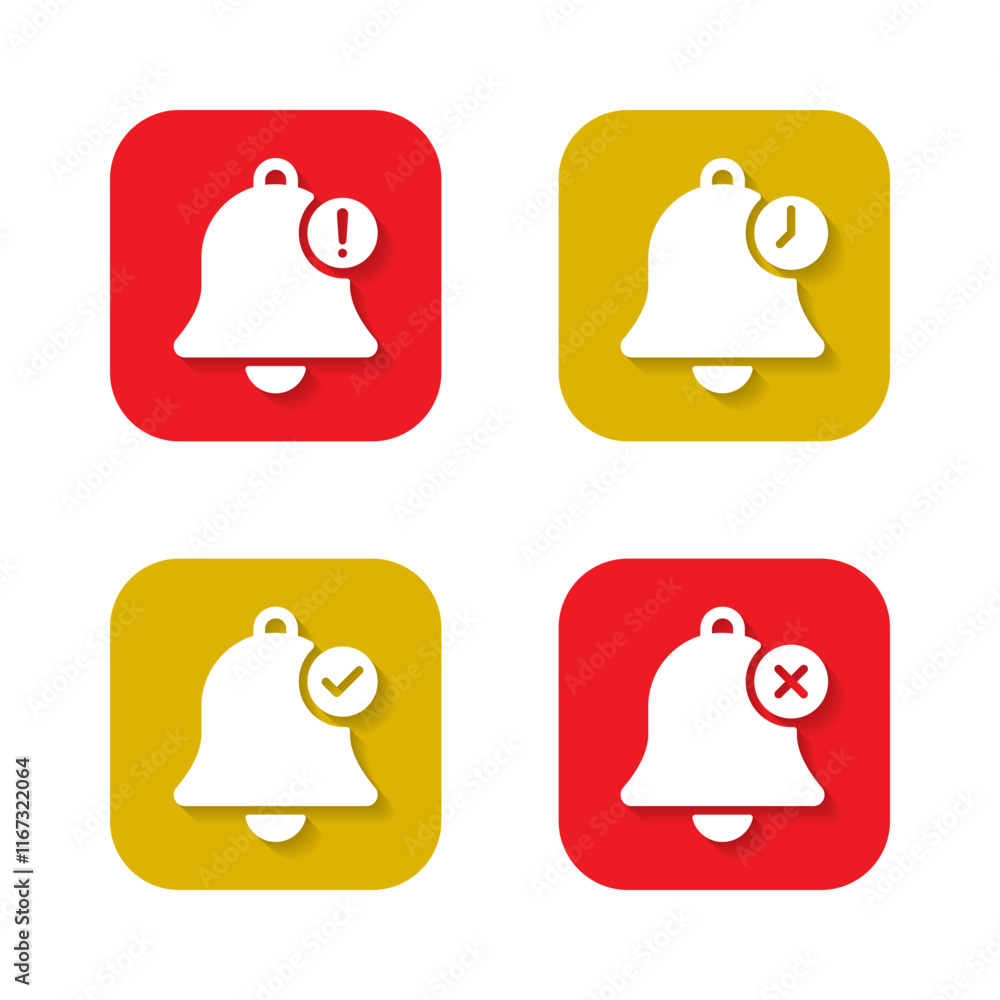 Poster bell with exclamation mark, time, checkmark, and cross mark icon with long shadow. notification symb