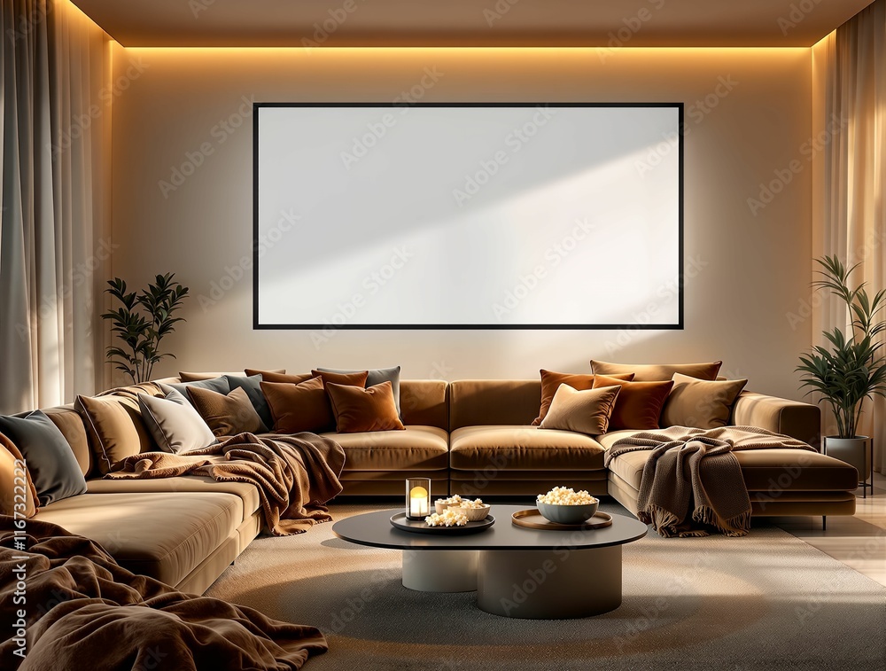 Poster modern living room with a large brown sectional sofa, a coffee table with decorative items, a blank 