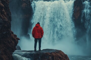 Obraz premium Man in red jacket standing on the edge of waterfall, Iceland landscape with Godafoss Waterfall at sunset. Hiker looking to the beautiful natural scenery. High resolution photo