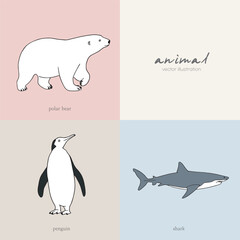 extinct animals, arctic animals, white bears, polar bears, penguins, sharks illustrations