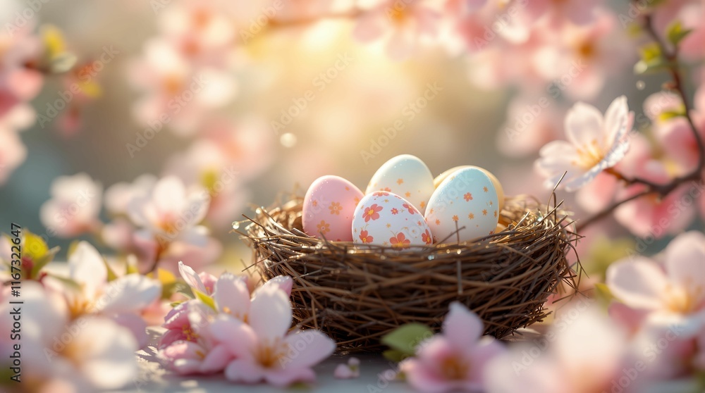 Poster natural scene with a bird's nest containing decorated eggs, surrounded by cherry blossoms in bloom, 