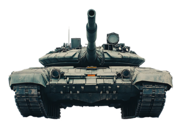 A military tank viewed from the front, showcasing its powerful design and weaponry.