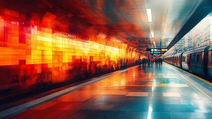 Vibrant Subway Station Platform with Train and Passengers