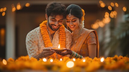 Couple celebrating festival with lights and flowers