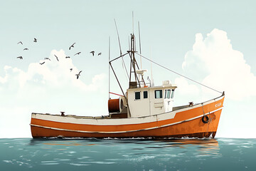 Fototapeta premium A fishing boat floats on calm waters under a clear sky, surrounded by birds.