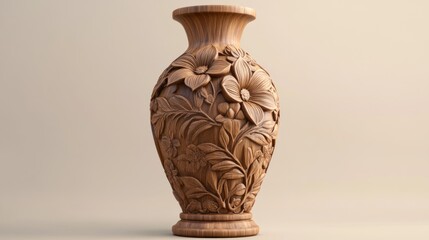 Intricate floral wood carving on a vase.