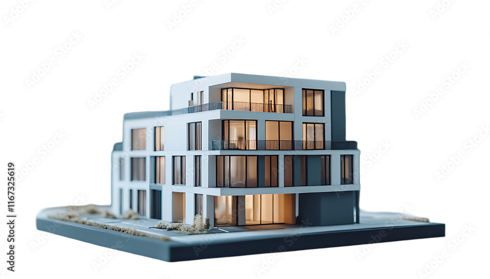 Poster A modern architectural model showcasing a stylish multi-level building.