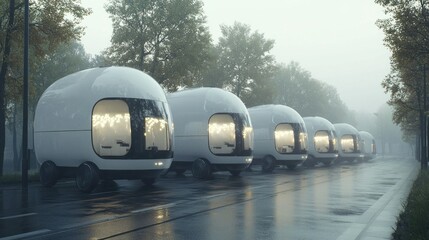 Futuristic autonomous pods in foggy park, potential robotaxis.