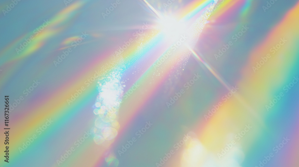 Wall mural holographic rainbow light refraction texture overlay with abstract soft bokeh effect on a white back
