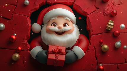 3D cartoon-style illustration, with a cute smiling Santa Claus peeking out from a hole in a red wall, holding a present box