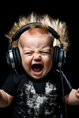 portrait of a crazy baby in headphones on a black background