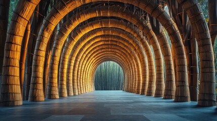 Naklejka premium Wooden arched corridor or tunnel with warm wooden beams and planks creating a cozy and natural architectural setting The long path leads to a bright serene exit evoking a sense of escape