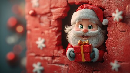 3D cartoon-style illustration, with a cute smiling Santa Claus peeking out from a hole in a red wall, holding a present box