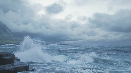 Obraz premium Nature's Wrath Unleashed: Dramatic Storm Over Seaside with Violent Waves - Photorealistic Ultra-Detailed Image Capturing Beauty and Fury