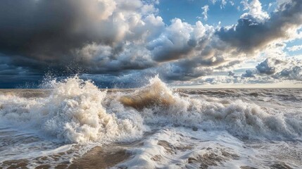 Obraz premium Nature's Fury Unleashed: Dramatic Stormy Seaside with Swirling Dark Clouds and Violent Waves | Photorealistic Ultra-Detailed Scene