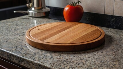 Obraz premium Wooden circular cutting board, kitchen countertop, white quartz surface, knife block, glass jars, modern kitchen, bright interio