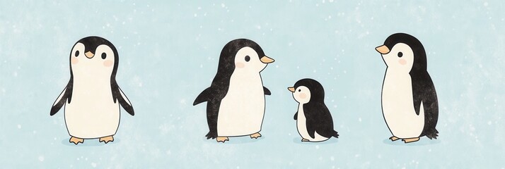 Obraz premium Cute penguins in soft black and white tones on light blue background for winter design