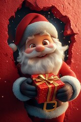 3D cartoon-style illustration, with a cute smiling Santa Claus peeking out from a hole in a red wall, holding a present box