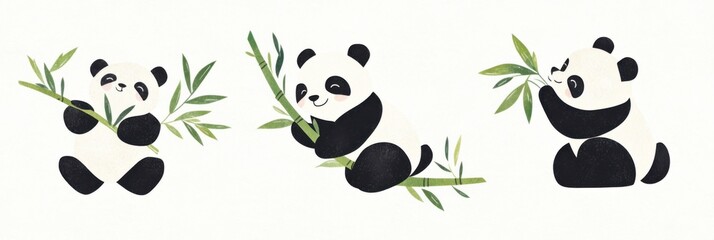 Cute panda illustrations in muted green tones for nature-themed designs