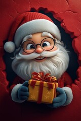 3D cartoon-style illustration, with a cute smiling Santa Claus peeking out from a hole in a red wall, holding a present box