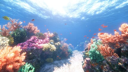 Naklejka premium Sunlit Coral Reef Paradise: A Photorealistic Dive into an Ultra-Detailed Underwater World Teeming with Colorful Fish
