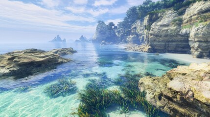 Tranquil Seascape: Rugged Coastline with Marine Life in Tide Pools - Photorealistic Ultra-Detailed Scene