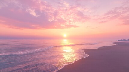 Obraz premium Tranquil Dawn: Serene Beach Scene with Misty Ocean Waves in Ultra-Detailed Photorealism