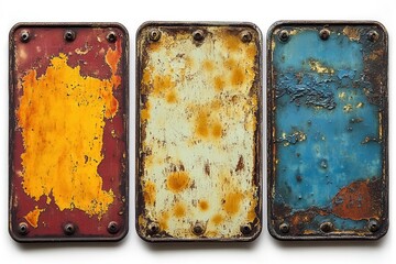 four empty vintage tin signs displayed against a white background ready for customization with text or designs evoking a sense of nostalgia and a rustic aesthetic