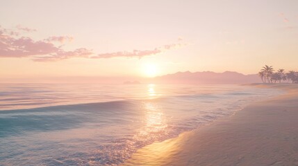 Fototapeta premium Serene Dawn: Tranquil Beach Scene with Misty Ocean and Gentle Waves in Photorealistic Detail