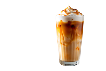 Iced caramel macchiato on white background.
