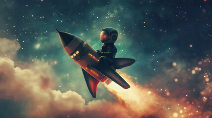 Cosmo astronaut rocket launch with kid upswing flight in sky