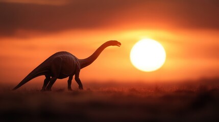 A magnificent dinosaur stands silhouetted against a breathtaking sunset, capturing the essence of a...