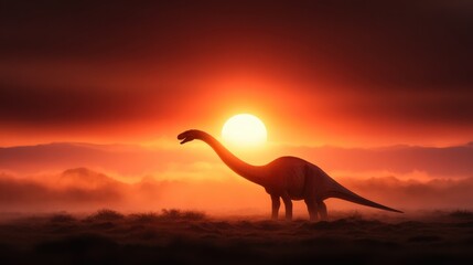 A breathtaking silhouette of a dinosaur standing proud against a vibrant sunset, evoking feelings of awe and wonder about the prehistoric era and its majestic creatures.