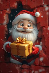 3D cartoon-style illustration, with a cute smiling Santa Claus peeking out from a hole in a red wall, holding a present box