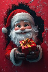 3D cartoon-style illustration, with a cute smiling Santa Claus peeking out from a hole in a red wall, holding a present box