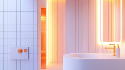 Modern bathroom with white tiles and warm lighting accents