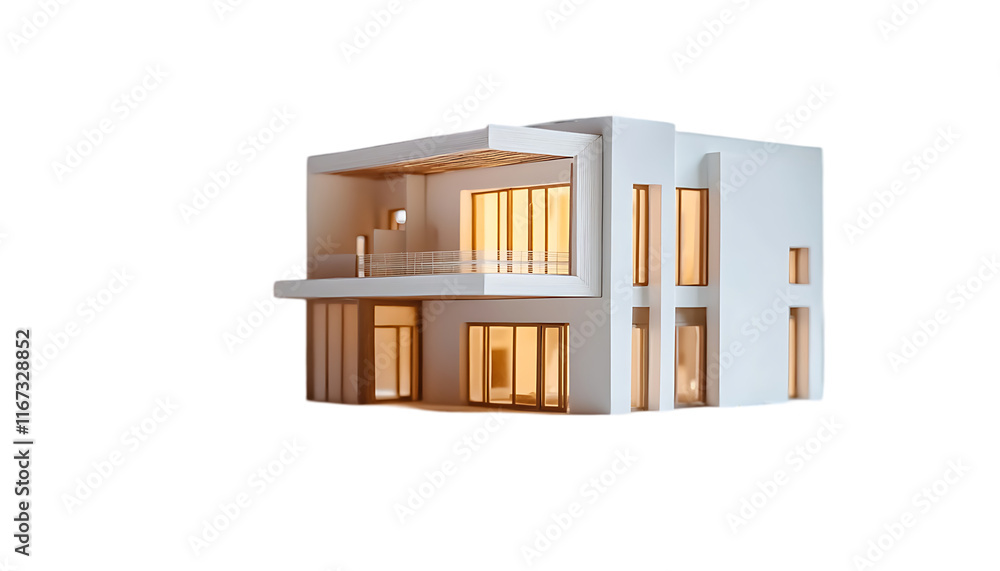 Poster a modern two-story house with large windows and a balcony, illuminated warmly.