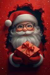 3D cartoon-style illustration, with a cute smiling Santa Claus peeking out from a hole in a red wall, holding a present box